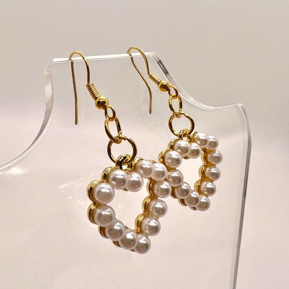 Beaded Heart Earrings - Valentines Day Earrings - Faux Pearl Earrings - Picture 3 of 10